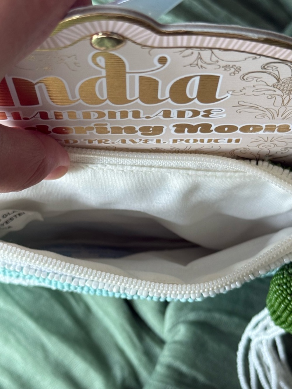 India Handmade Aqua Beaded Travel Pouch with Cocktail Motif - Picture 6 of 7
